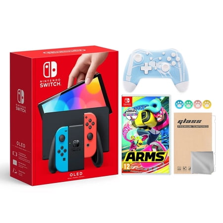 Nintendo Switch Neon Red Blue, Arms, Mytrix Controller & Accessories