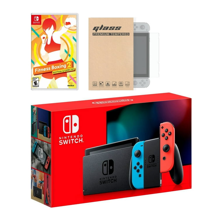 Nintendo Switch Neon Red Blue New Glass Console & Exercise, Improved - Console Game Battery Screen Joy-Con Fitness 2: 2020 Rhythm Tempered Life Protector Mytrix Boxing with with