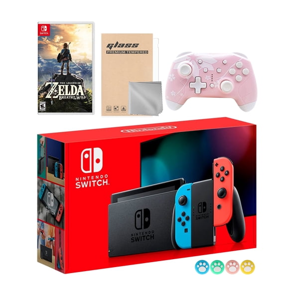 Nintendo Switch Neon Red Blue Joy-Con Console Set, Bundle With The Legend of Zelda: Breath of the Wild And Mytrix Wireless Pro Controller and Accessories