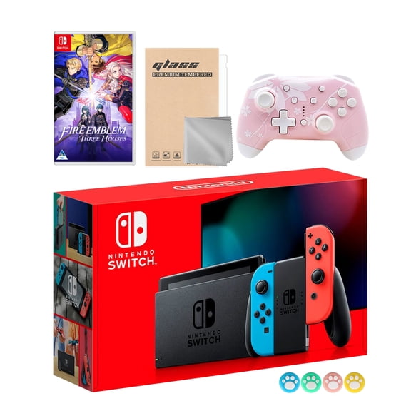 Nintendo Switch Neon Red Blue Joy-Con Console Set, Bundle With Fire Emblem: Three Houses And Mytrix Wireless Switch Pro Controller and Accessories