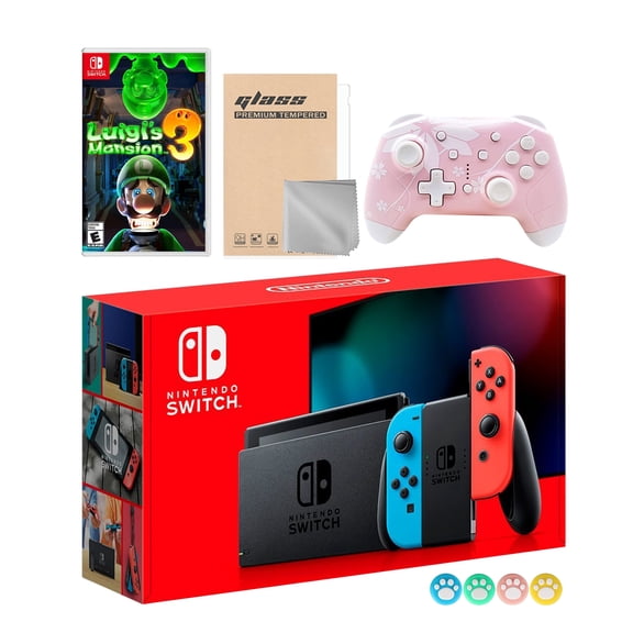 Nintendo Switch Neon Red Blue Joy-Con Console Set, Bundle With Luigi's Mansion 3 And Mytrix Wireless Switch Pro Controller and Accessories