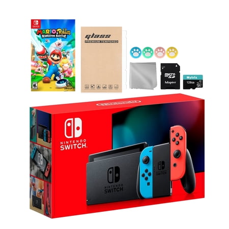 Nintendo Switch Neon Red Blue Joy-Con Console Set, Bundle With Mario Rabbids Kingdom Battle And Mytrix Accessories