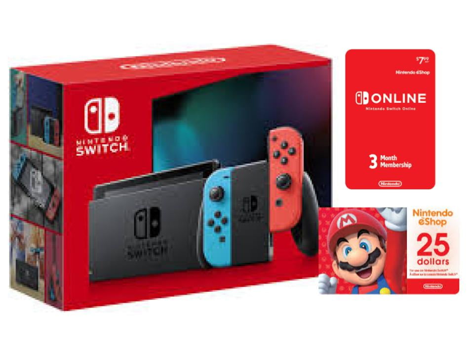 Nintendo Switch with Neon Red & Blue Joy-Con (International Edition) Bundle with 3 Month Nintendo Switch Online Membership & $25 Nintendo eShop Gift Card