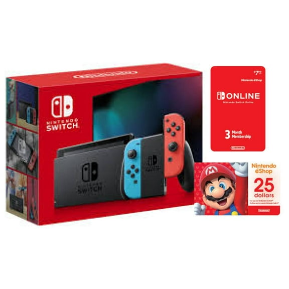 Nintendo Switch with Neon Red & Blue Joy-Con (International Edition) Bundle with 3 Month Nintendo Switch Online Membership & $25 Nintendo eShop Gift Card