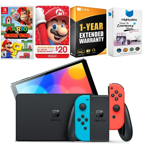 Nintendo Switch Neon Red & Blue OLED Console with Mario vs. Donkey Kong, Nintendo $20 eShop Gift Card, MightySkins Console and Controller Skin Voucher and 1 Year CPS Extended Warranty