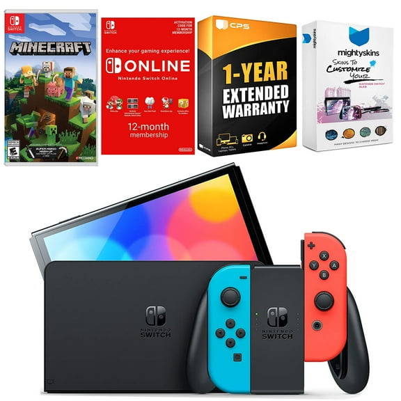 Nintendo Switch Neon Red & Blue OLED Console with Minecraft: Switch Edition, NSO 12 Month Family Membership, MightySkins Console and Controller Skin Voucher and 1 Year CPS Extended Warranty