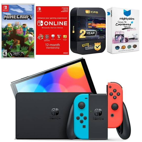 Nintendo Switch Neon Red & Blue OLED Console with Minecraft: Switch Edition, NSO 12 Month Family Membership, MightySkins Console and Controller Skin Voucher and 2 Year CPS Extended Warranty
