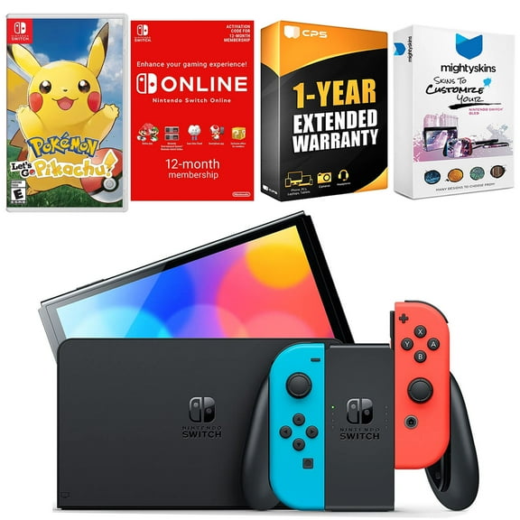 Nintendo Switch Neon Red & Blue OLED Console with Pokemon Let's Go, Pikachu!, NSO 12 Month Family Membership, MightySkins Console and Controller Skin Voucher and 1 Year CPS Extended Warranty