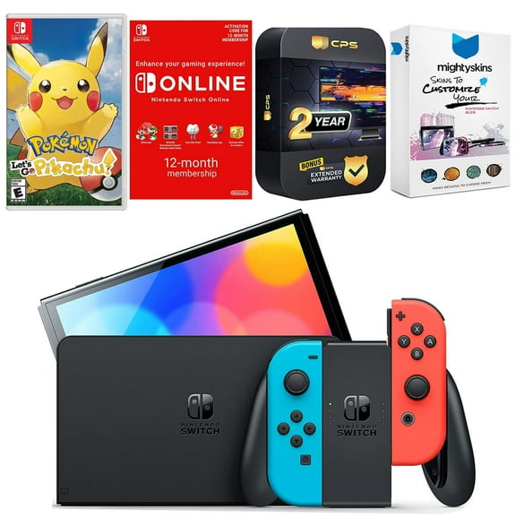 Nintendo Switch Neon Red & Blue OLED Console with Pokemon Let's Go, Pikachu!, NSO 12 Month Family Membership, MightySkins Console and Controller Skin Voucher and 2 Year CPS Extended Warranty