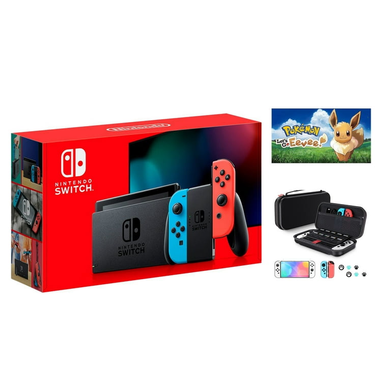 Pack nintendo switch néon + pokemon let's go evoli + boitier bleu