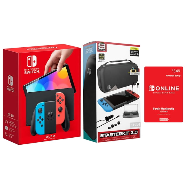Nintendo Switch OLED 64GB Console Neon Red/Blue Joy-Con Bundle with ...