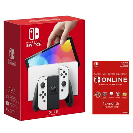 Nintendo Switch OLED 64GB Console White Joy-Con Bundle with Online 12 Month Family Membership Bundle
