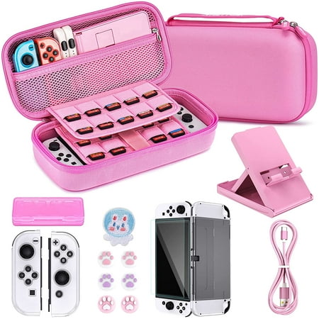 Nintendo Switch OLED Case, 16 in 1 Nintendo Switch OLED Case Bundle, Includes Switch OLED Carrying Case, Screen Protector, Adjustable Stand & More-Pink