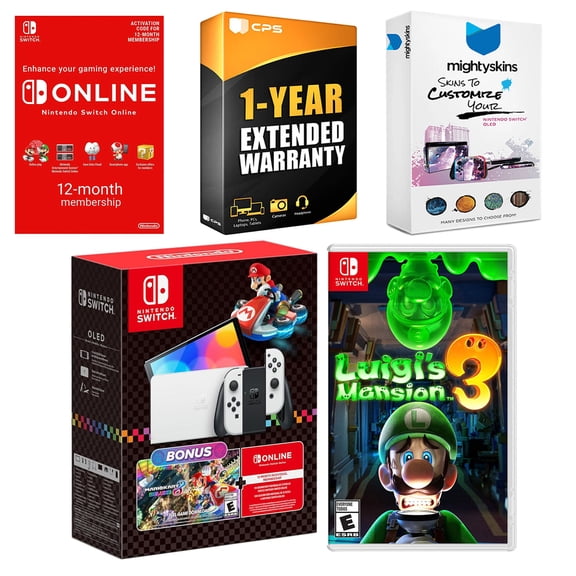 Nintendo Switch OLED Console Mario Kart 8 Bundle with Luigis Mansion 3, NSO 12 Month Family Membership, MightySkins Console and Controller Skin Voucher, and 1 Year CPS Extended Warranty
