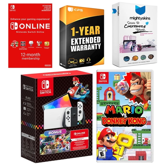 Nintendo Switch OLED Console Mario Kart 8 Bundle with Mario vs. Donkey Kong, NSO 12 Month Family Membership, MightySkins Console and Controller Skin Voucher, and 1 Year CPS Extended Warranty