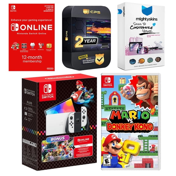 Nintendo Switch OLED Console Mario Kart 8 Bundle with Mario vs. Donkey Kong, NSO 12 Month Family Membership, MightySkins Console and Controller Skin Voucher, and 2 Year CPS Extended Warranty