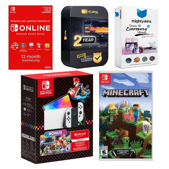 Nintendo Switch OLED Console Mario Kart 8 Bundle with Minecraft: Switch Edition, NSO 12 Month Family Membership, MightySkins Console and Controller Skin Voucher, and 2 Year CPS Extended Warranty