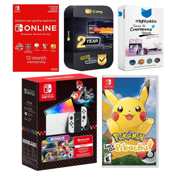 Nintendo Switch OLED Console Mario Kart 8 Bundle with Pokemon Let's Go, Pikachu!, NSO 12 Month Family Membership, MightySkins Console and Controller Skin Voucher, and 2 Year CPS Extended Warranty