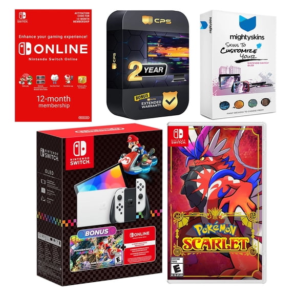 Nintendo Switch OLED Console Mario Kart 8 Bundle with Pokemon Scarlet, NSO 12 Month Family Membership, MightySkins Console and Controller Skin Voucher, and 2 Year CPS Extended Warranty
