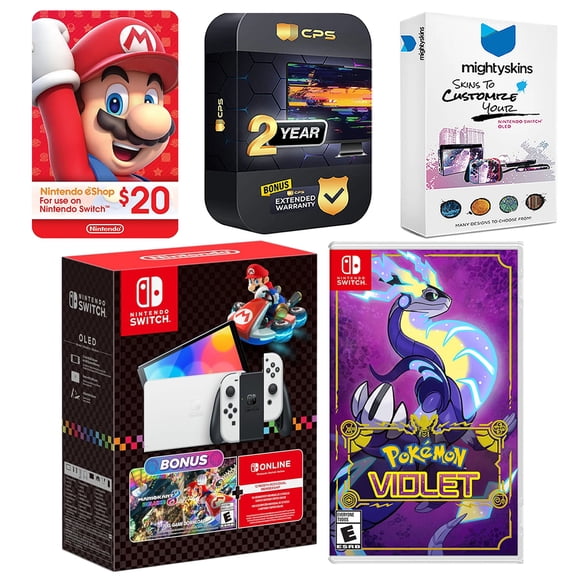 Nintendo Switch OLED Console Mario Kart 8 Bundle with Pokemon Violet, Nintendo $20 eShop Gift Card, MightySkins Console and Controller Skin Voucher, and 2 Year CPS Extended Warranty
