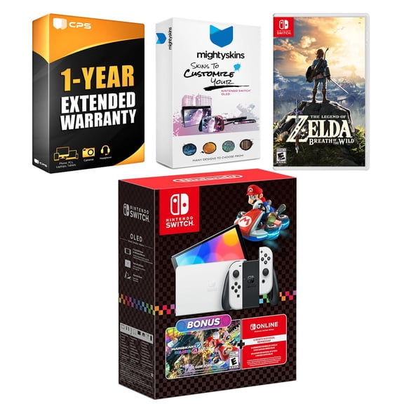 Nintendo Switch OLED Console Mario Kart 8 Deluxe Bundle with The Legend of Zelda Breath of the Wild, MightySkins Console and Controller Skin Voucher, and 1 Year CPS Extended Warranty