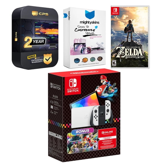 Nintendo Switch OLED Console Mario Kart 8 Deluxe Bundle with The Legend of Zelda Breath of the Wild, MightySkins Console and Controller Skin Voucher, and 2 Year CPS Extended Warranty