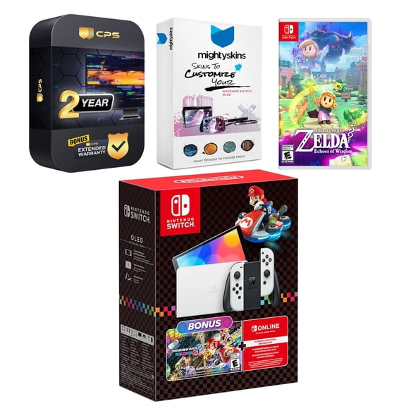 Nintendo Switch OLED Console Mario Kart 8 Deluxe Bundle with The Legend Of Zelda: Echoes Of Wisdom, MightySkins Console and Controller Skin Voucher, and 2 Year CPS Extended Warranty
