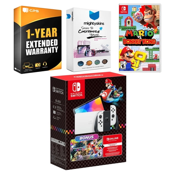Nintendo Switch OLED Console Mario Kart 8 Deluxe Bundle with Mario vs. Donkey Kong, MightySkins Console and Controller Skin Voucher, and 1 Year CPS Extended Warranty
