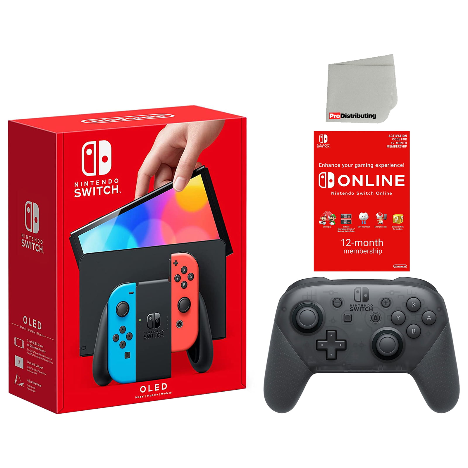 US Membership Bundle Cloth Family and Microfiber Joy-Con Online Plug Switch with Neon - Controller, with Import 12 Nintendo Pro Month Cleaning Console OLED