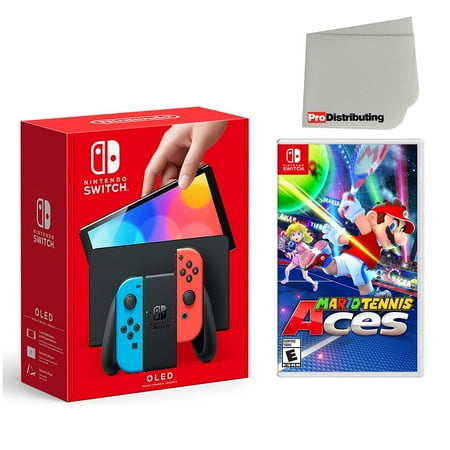 Nintendo Switch OLED Console Neon Red & Blue with Mario Tennis Aces and Screen Cleaning Cloth