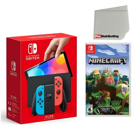 Nintendo Switch OLED Console Neon Red & Blue with Minecraft and Screen Cleaning Cloth