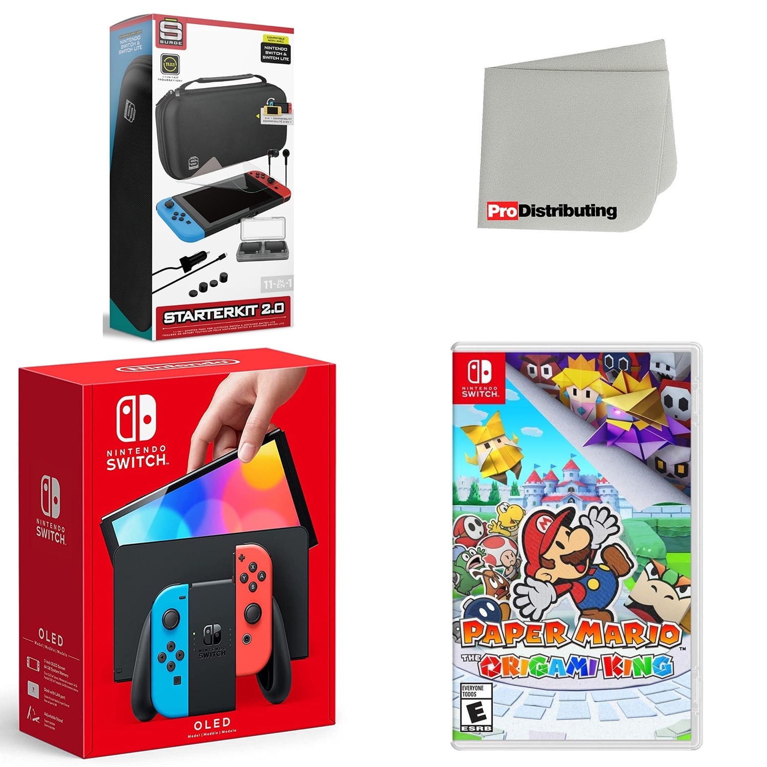 Nintendo Switch OLED Console Neon Red Blue with Paper Mario The Origami King Accessory Starter Kit and Screen Cleaning Cloth Bundle