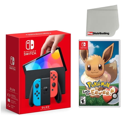 Nintendo Switch OLED Console Neon Red & Blue with Pokemon: Let's Go, Eevee! and Screen Cleaning Cloth