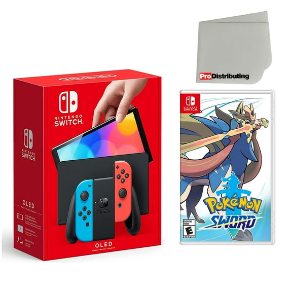 Nintendo Switch OLED Console Neon Red & Blue with Pokemon Sword and Screen Cleaning Cloth