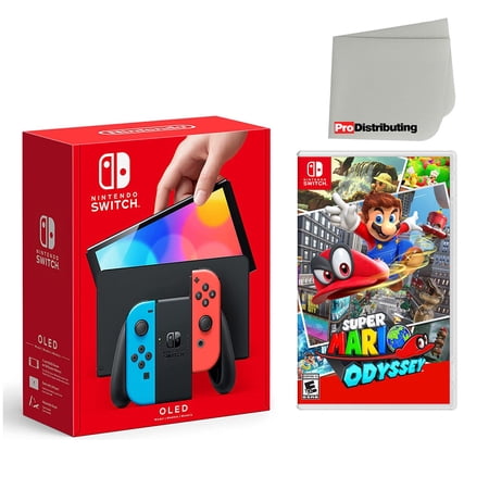 Nintendo Switch OLED Console Neon Red & Blue with Super Mario Odyssey and Screen Cleaning Cloth
