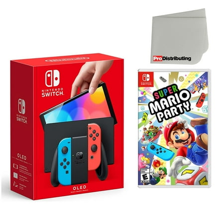 Nintendo Switch OLED Console Neon Red & Blue with Super Mario Party and Screen Cleaning Cloth