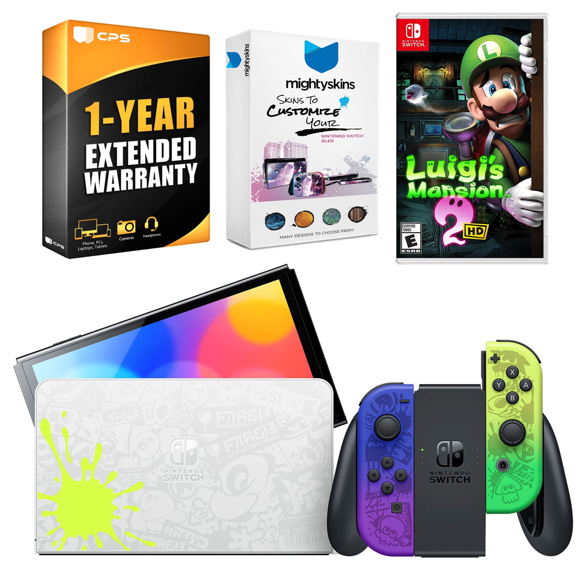 Nintendo Switch OLED Console Splatoon 3 Special Edition with Luigi's Mansion 2 HD, MightySkins Console and Controller Skin Voucher and 1 Year CPS Extended Warranty
