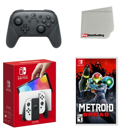 Nintendo Switch OLED Console White with Extra Wireless Controller, Metroid Dread and Screen Cleaning Cloth