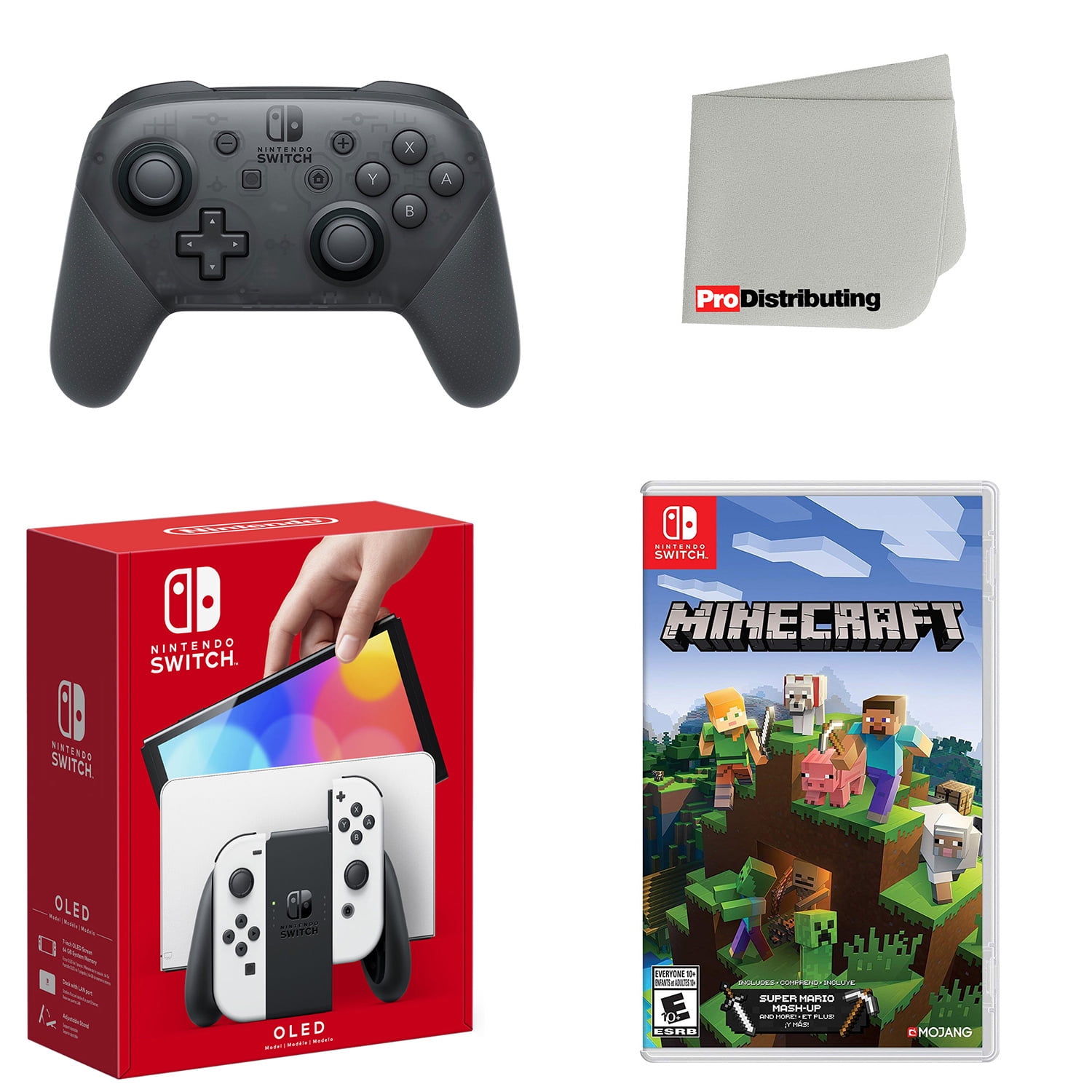 Nintendo Switch OLED Console White with Extra Wireless Controller,  Minecraft and Screen Cleaning Cloth