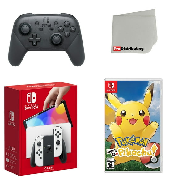 Nintendo Switch OLED Console White with Extra Wireless Controller, Pokemon: Let's Go, Pikachu! and Screen Cleaning Cloth