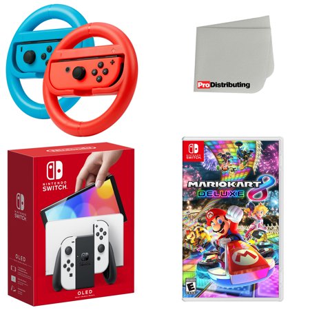 Nintendo Switch OLED Console White with Mario Kart 8 Deluxe, Joy-Con Steering Wheel Set and Screen Cleaning Cloth - Import with US Plug