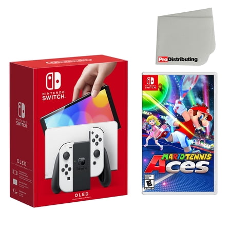 Nintendo Switch OLED Console White with Mario Tennis Aces and Screen Cleaning Cloth