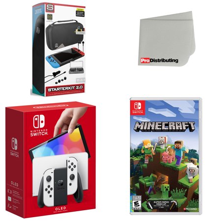 Nintendo Switch OLED Console White with Minecraft, Accessory Starter Kit and Screen Cleaning Cloth Bundle