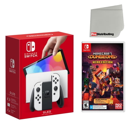 Nintendo Switch OLED Console White with Minecraft Dungeons Hero Edition and Screen Cleaning Cloth