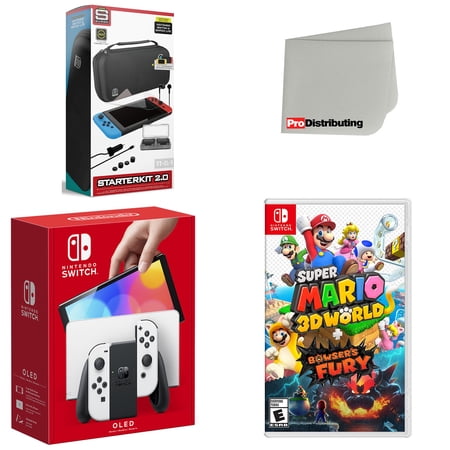 Nintendo Switch OLED Console White with Super Mario 3D World + Bowser’s Fury, Accessory Starter Kit and Screen Cleaning Cloth Bundle