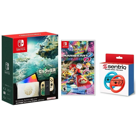 Nintendo Switch OLED Legend of Zelda: Tears of the Kingdom Edition Bundle with Mario Kart 8 Deluxe + Sentriq Racing Wheel Two Pack Joy Con Attachments - Japan Import with US Plug