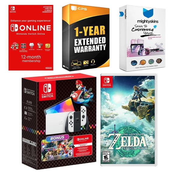 Nintendo Switch OLED Mario Kart 8 Bundle with Zelda Tears of the Kingdom, Online Membership, MightySkins Voucher and 1 Year CPS Extended Warranty