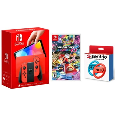 Nintendo Switch OLED Mario Red Edition Bundle with Mario Kart 8 Deluxe + Sentriq Racing Wheel Two Pack Joy Con Attachments - Japan Import with US Plug