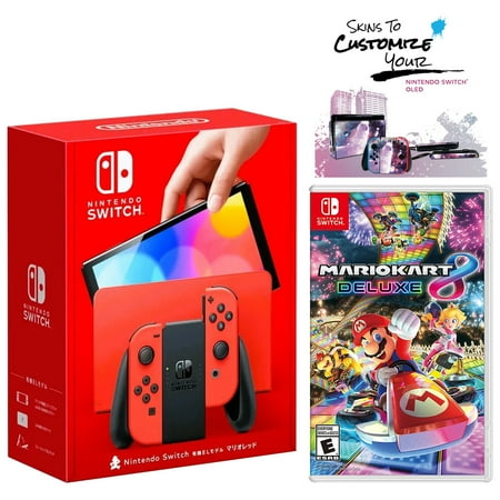 Nintendo Switch OLED Mario Red Edition + Mario Kart 8 Deluxe Game + MightySkins Custom Console and Controller Skin Voucher - Japan Import with US Plug