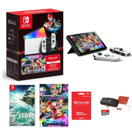 Nintendo Switch OLED Model Mario Kart 8 Deluxe Download Bundle + The Legend of Zelda: Tears of the Kingdom + 64GB MicroSD Memory card + Switch Carrying Case